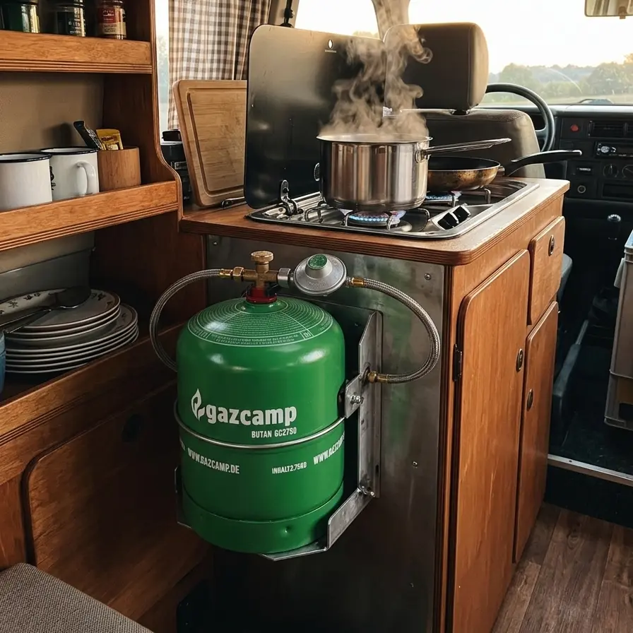 Gazcamp GC2750 am Campingkocher im Einsatz